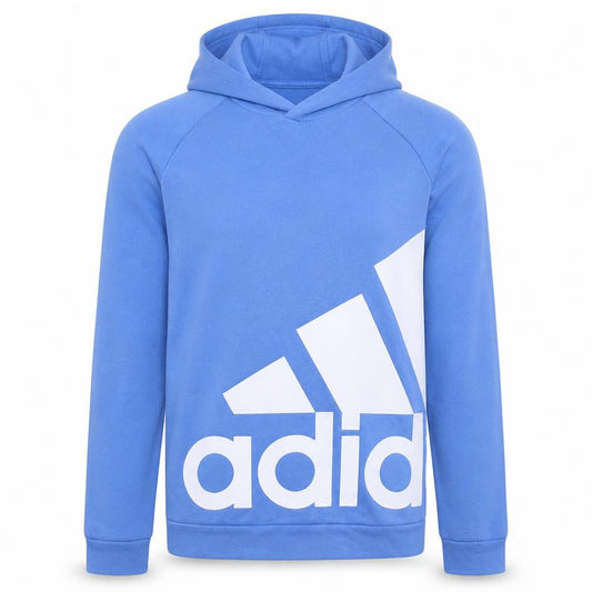 Front view of Adidas Men's Blue Pullover Hoodie Small Graphic Logo Sportswear
