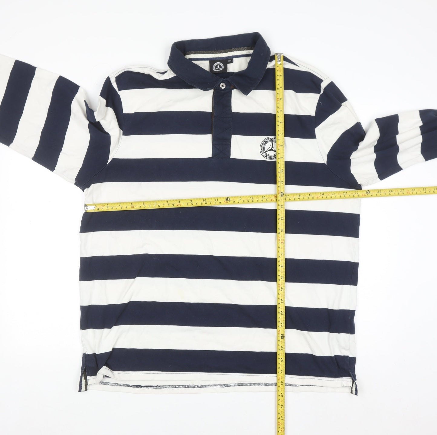 Mercedes Benz Men’s Blue White Striped Long Sleeve Polo Shirt 2XL