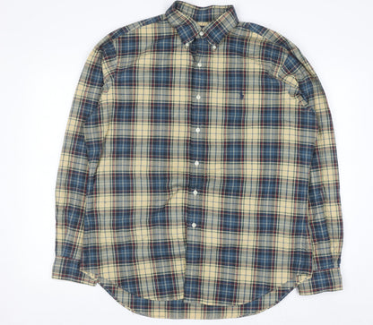 Ralph Lauren Men's Beige Blue Plaid Classic Fit Button-Up Shirt L