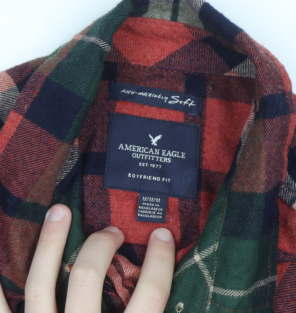 American Eagle Men Red Green Plaid Flannel Button-Up Shirt Medium