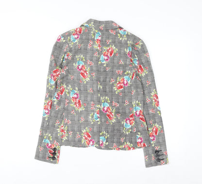 Soho Apparel Women Grey Floral Check Single-Breasted Blazer Size S