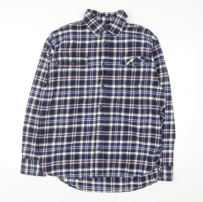 JACHS Men's Blue Plaid Flannel Button-Up Long Sleeve Shirt L