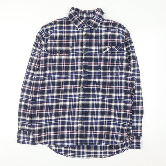 JACHS Men's Blue Plaid Flannel Button-Up Long Sleeve Shirt L