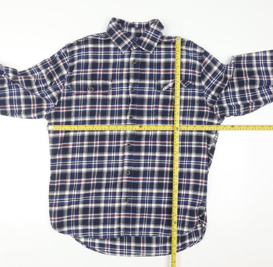 JACHS Men's Blue Plaid Flannel Button-Up Long Sleeve Shirt L