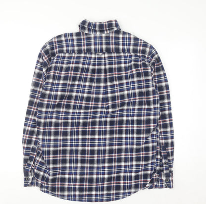 JACHS Men's Blue Plaid Flannel Button-Up Long Sleeve Shirt L