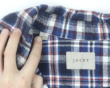 JACHS Men's Blue Plaid Flannel Button-Up Long Sleeve Shirt L