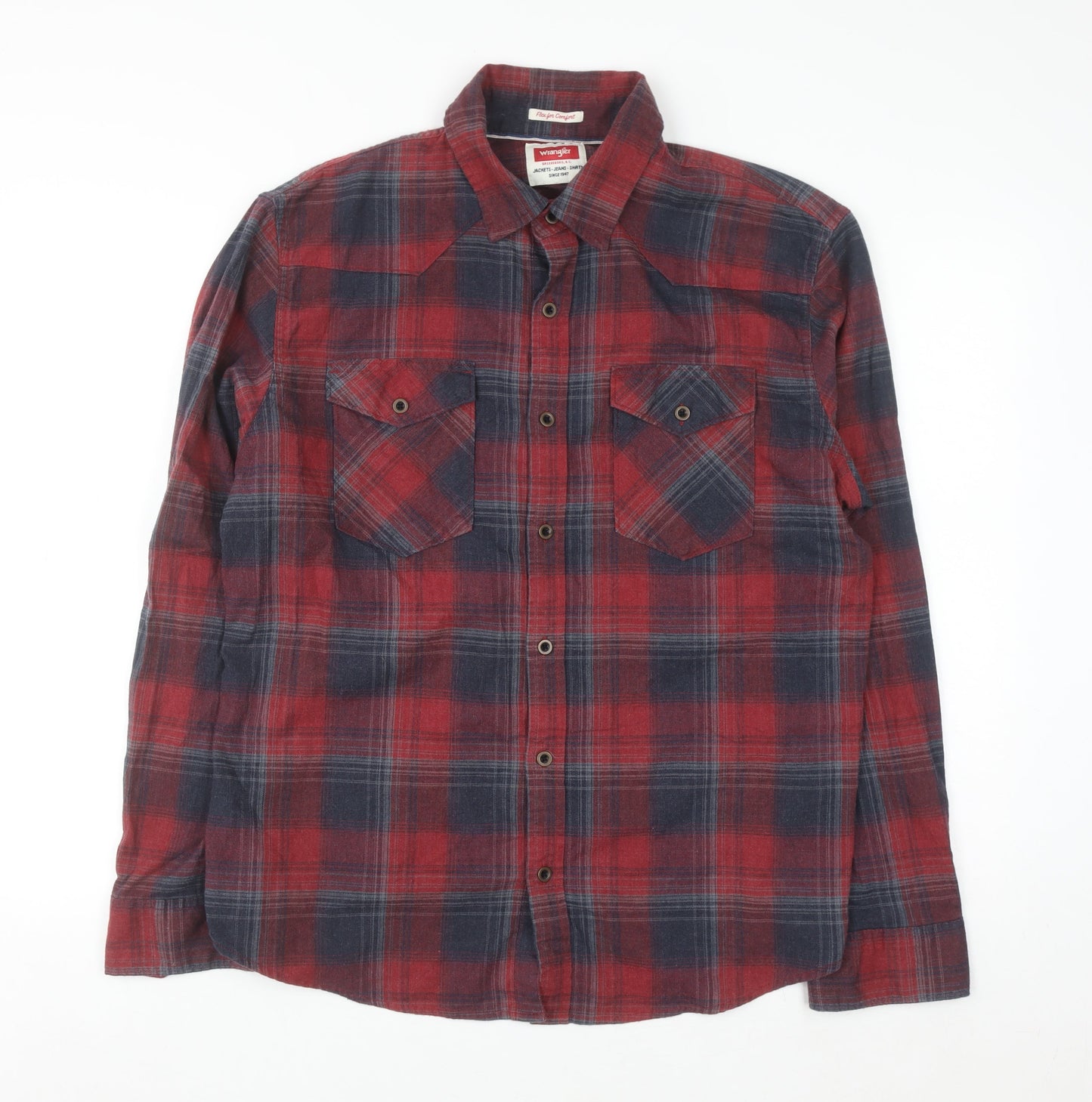 Wrangler Men's Red & Navy Check Flannel Long Sleeve Button-Up Shirt Size L