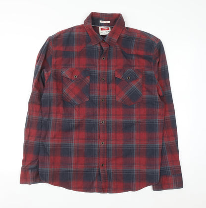 Wrangler Men's Red & Navy Check Flannel Long Sleeve Button-Up Shirt Size L