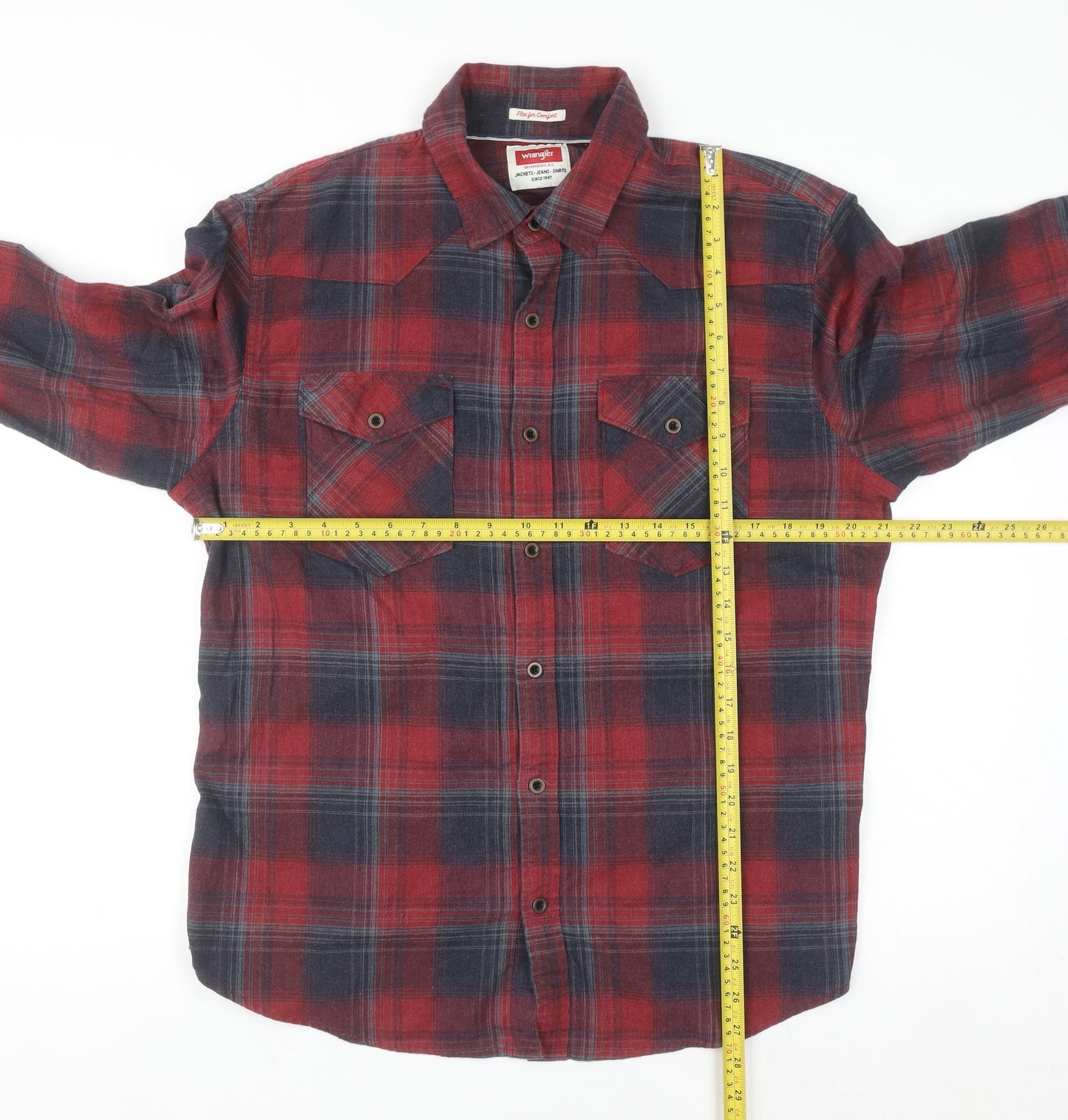 Wrangler Men's Red & Navy Check Flannel Long Sleeve Button-Up Shirt Size L