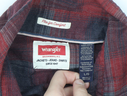 Wrangler Men's Red & Navy Check Flannel Long Sleeve Button-Up Shirt Size L