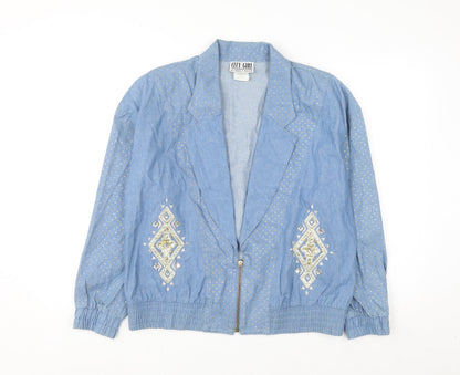 City Girl by Nancy Bolen Women’s Blue Embroidered Cotton Bomber Jacket Size 10