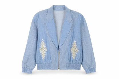 City Girl by Nancy Bolen Women’s Blue Embroidered Cotton Bomber Jacket Size 10