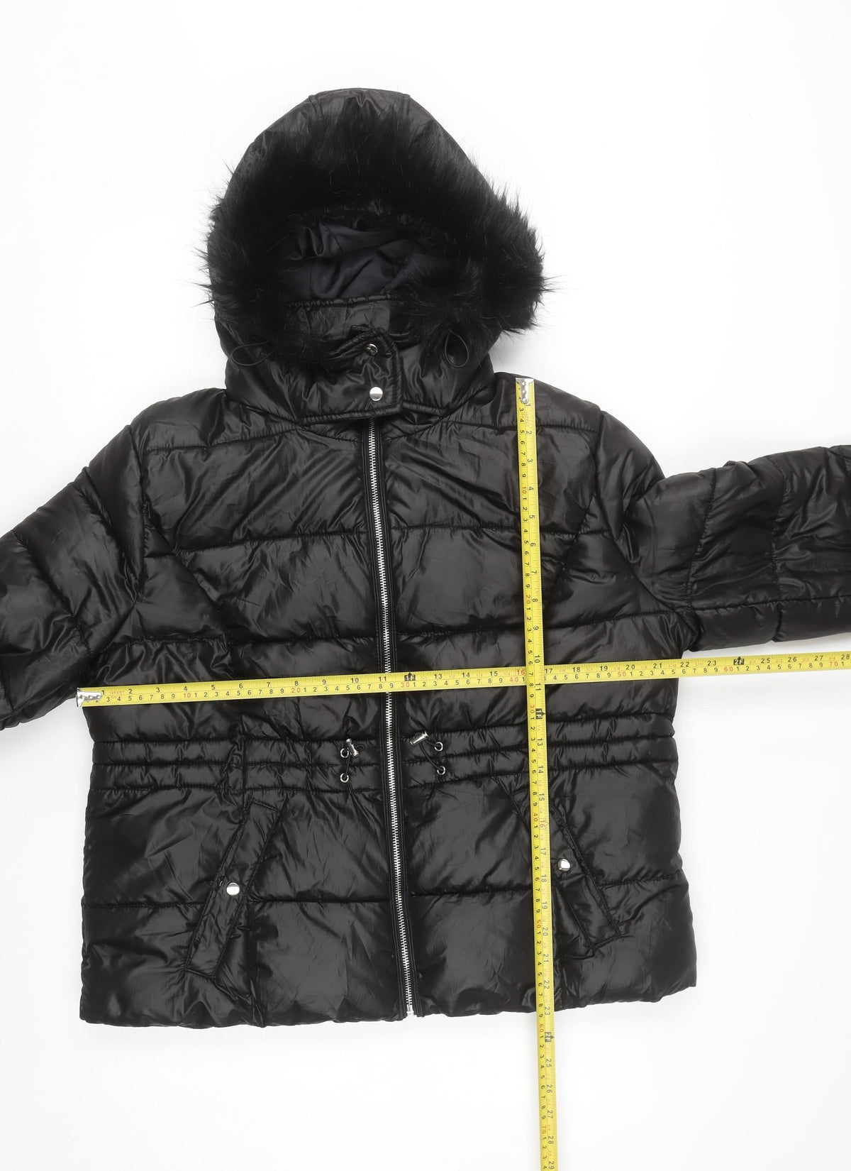 Primark Women Black L Hooded Puffer Jacket Faux Fur Trim Winter Coat