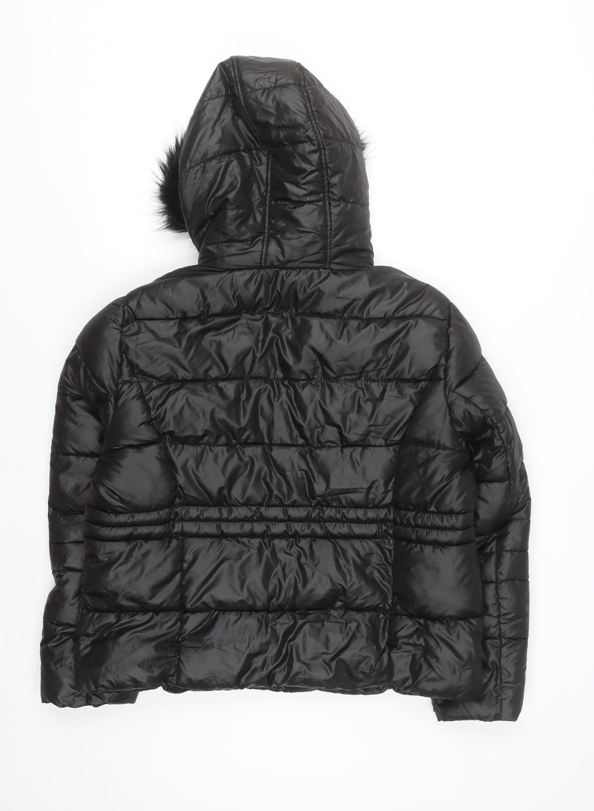 Primark Women Black L Hooded Puffer Jacket Faux Fur Trim Winter Coat