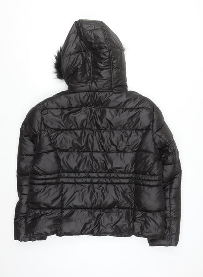 Primark Women Black L Hooded Puffer Jacket Faux Fur Trim Winter Coat