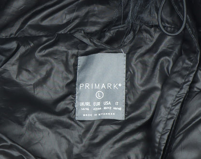 Primark Women Black L Hooded Puffer Jacket Faux Fur Trim Winter Coat