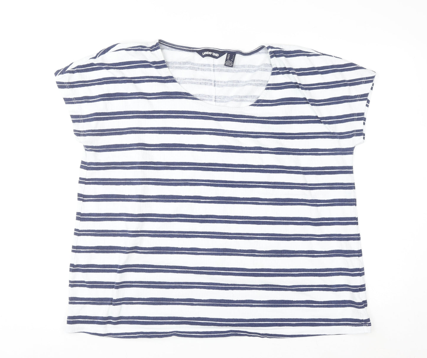 Lands' End Women White Navy Striped Short Sleeve Cotton T-Shirt L