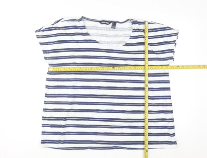 Lands' End Women White Navy Striped Short Sleeve Cotton T-Shirt L