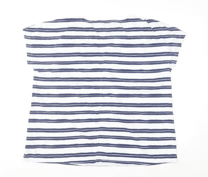 Lands' End Women White Navy Striped Short Sleeve Cotton T-Shirt L