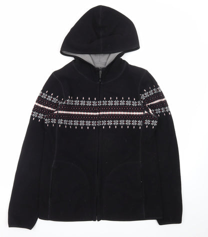 Uniqlo Womens Black Fleece Full Zip Hoodie L Fair Isle Pattern Winter Warm