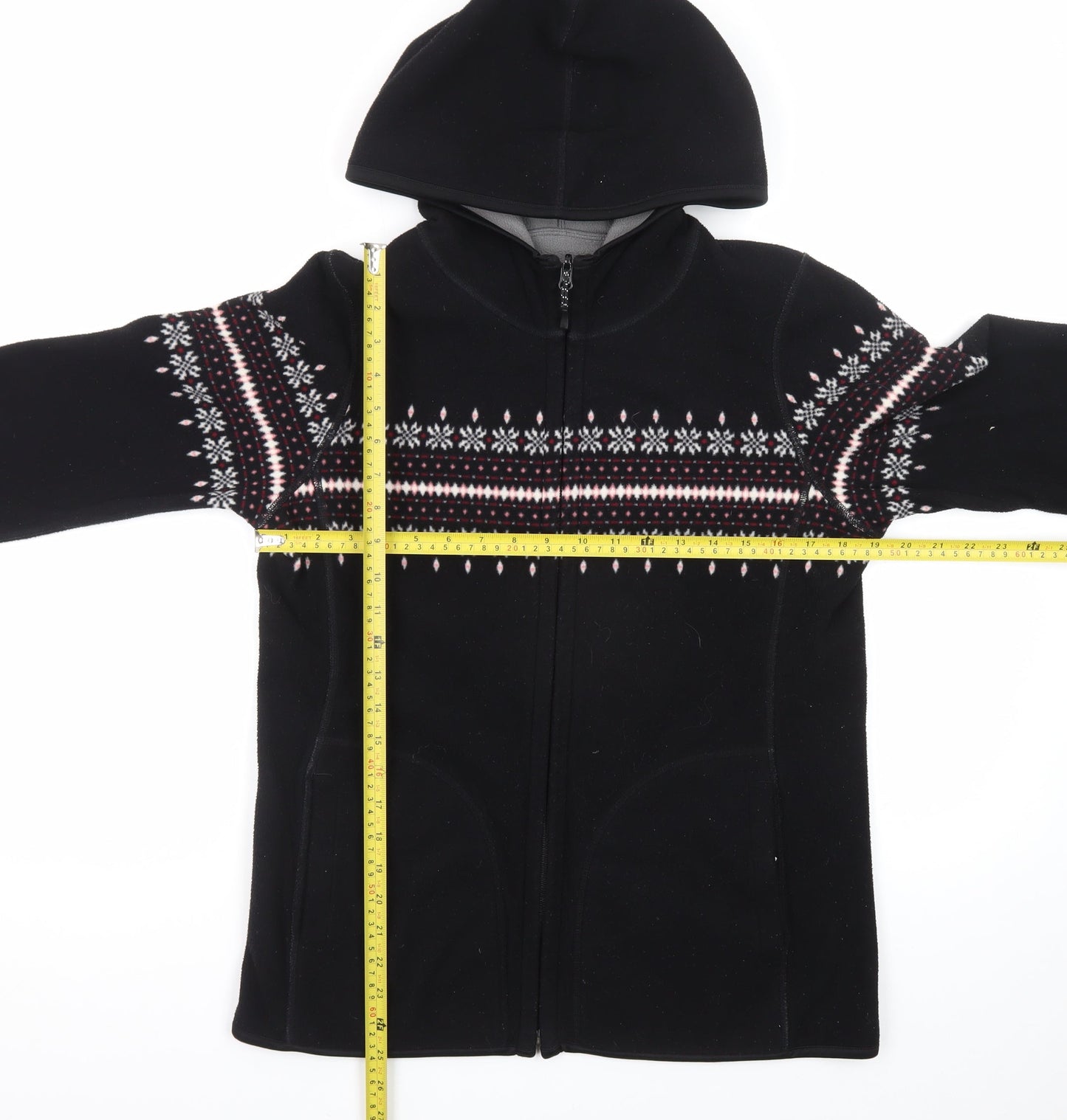 Uniqlo Womens Black Fleece Full Zip Hoodie L Fair Isle Pattern Winter Warm