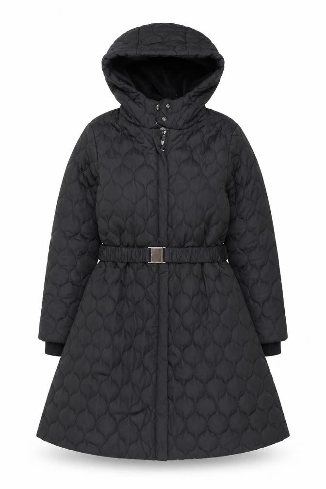 Monsoon Teens Black Quilted Hooded Belted Long Puffer Coat Size 10