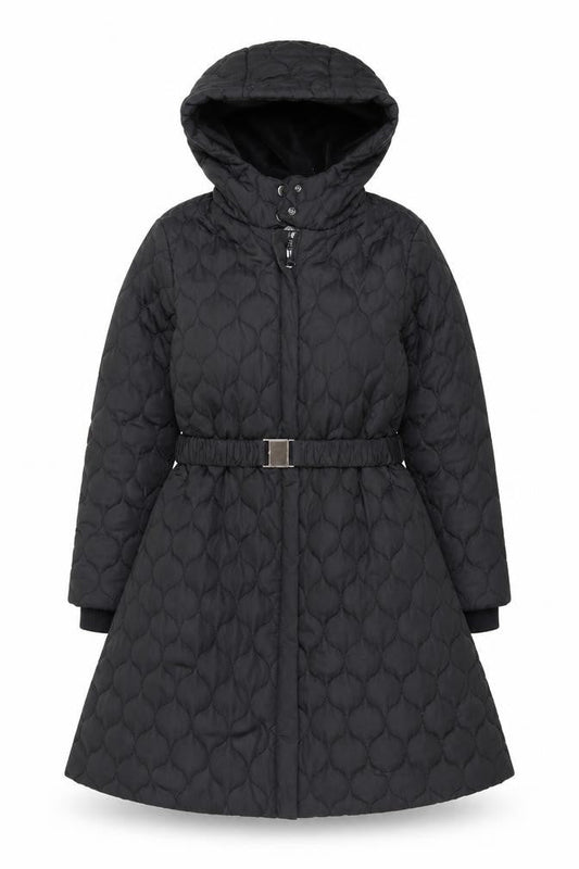 Monsoon Teens Black Quilted Hooded Belted Long Puffer Coat Size 10