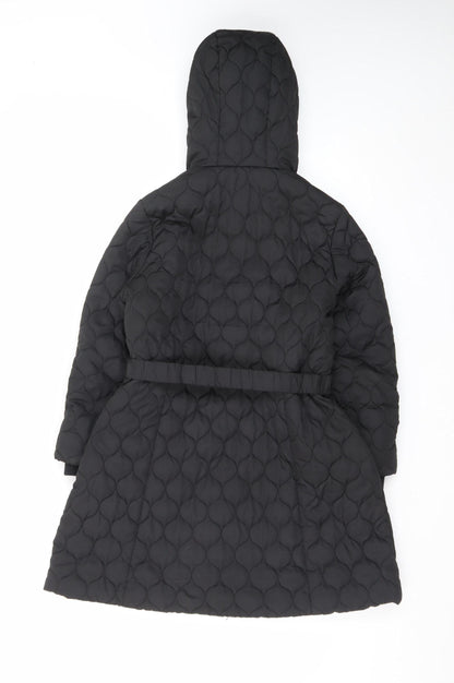 Monsoon Teens Black Quilted Hooded Belted Long Puffer Coat Size 10