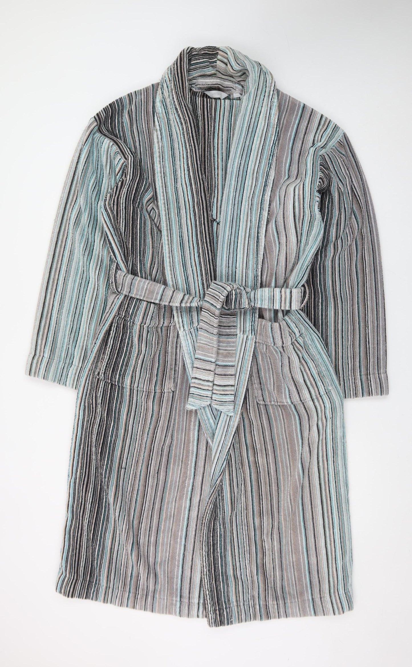 John Lewis Men’s Grey Blue Striped Cotton Velour Robe L/XL