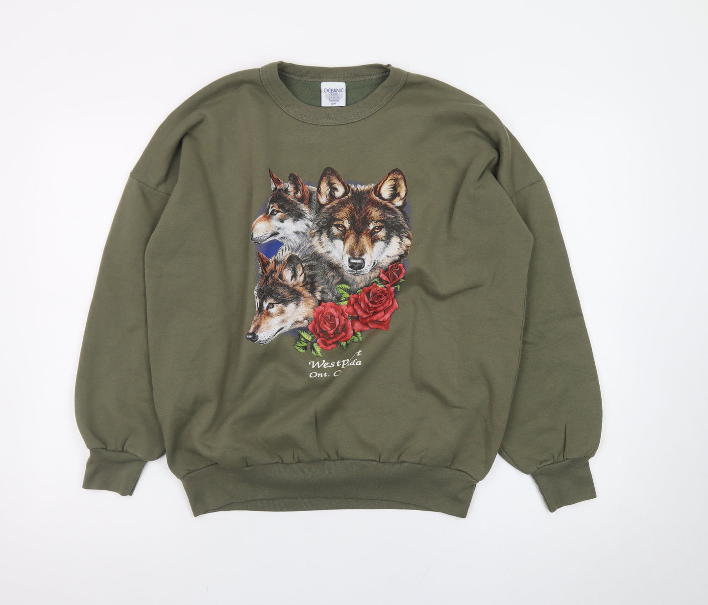 Oceanic Classic Women's Green Wolf Print Pullover Sweatshirt Size S