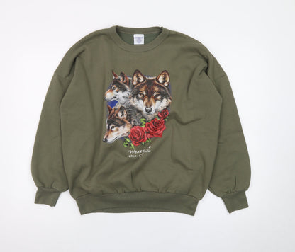 Oceanic Classic Women's Green Wolf Print Pullover Sweatshirt Size S