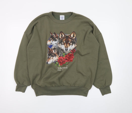 Oceanic Classic Women's Green Wolf Print Pullover Sweatshirt Size S