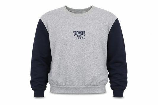 Front view of Warehouse unisex grey navy toronto 1989 pullover sweatshirt s
