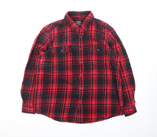 Faded Glory Men's Red Black Plaid Cotton Flannel Button-Up Shirt L