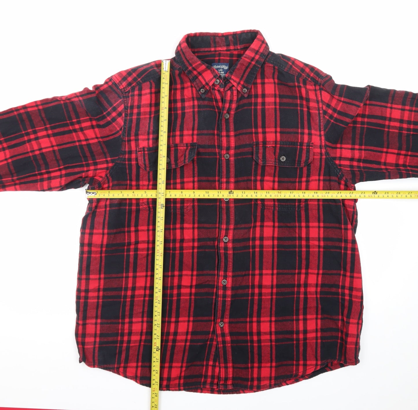 Faded Glory Men's Red Black Plaid Cotton Flannel Button-Up Shirt L