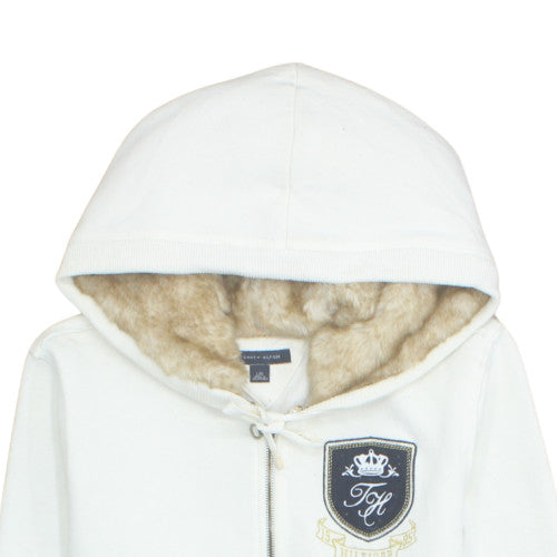 Tommy Hilfiger Womens White Faux Fur Lined Half Zip Hoodie Size L