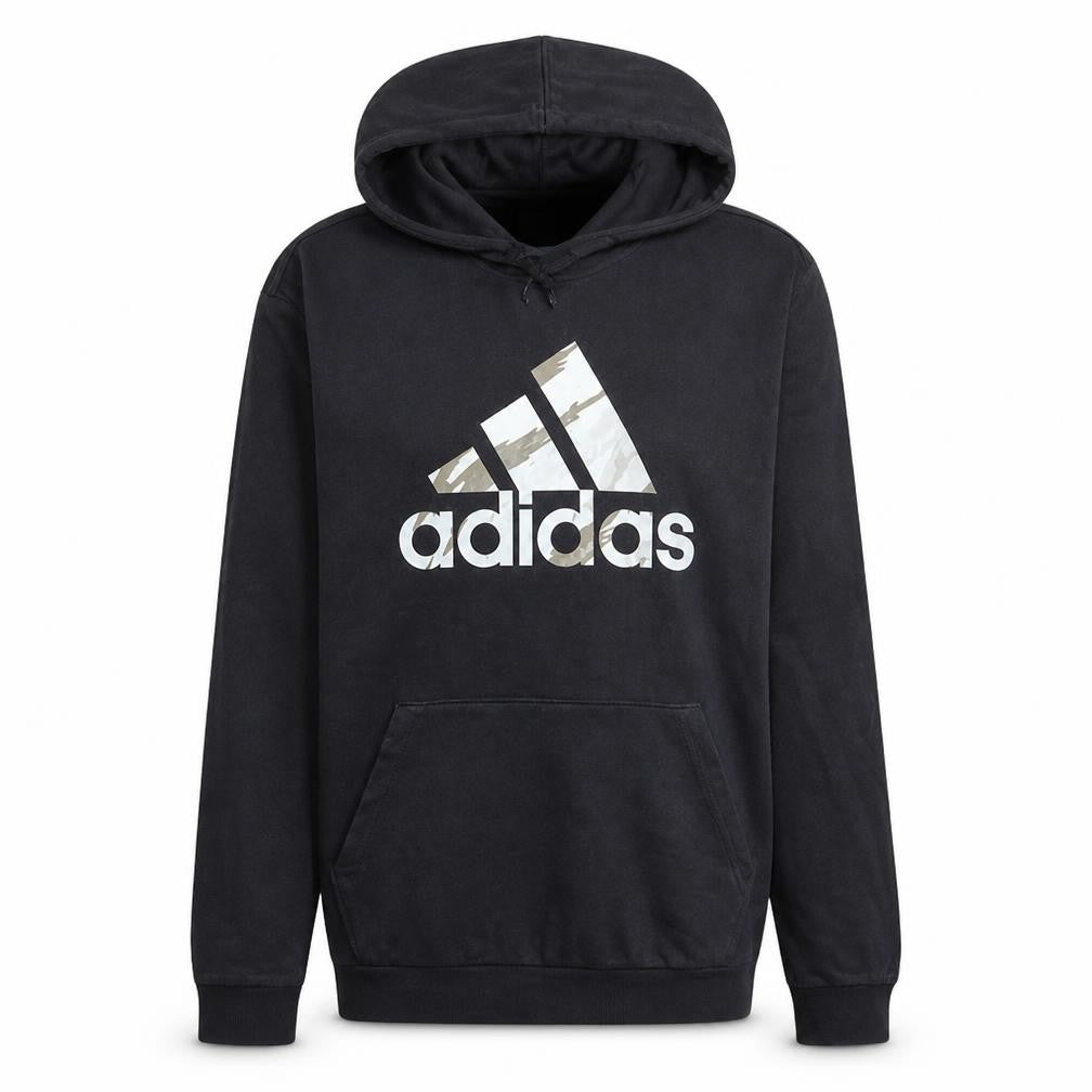 Front view of Adidas Men's Black Pullover Hoodie M - Sports Fleece Sweatshirt