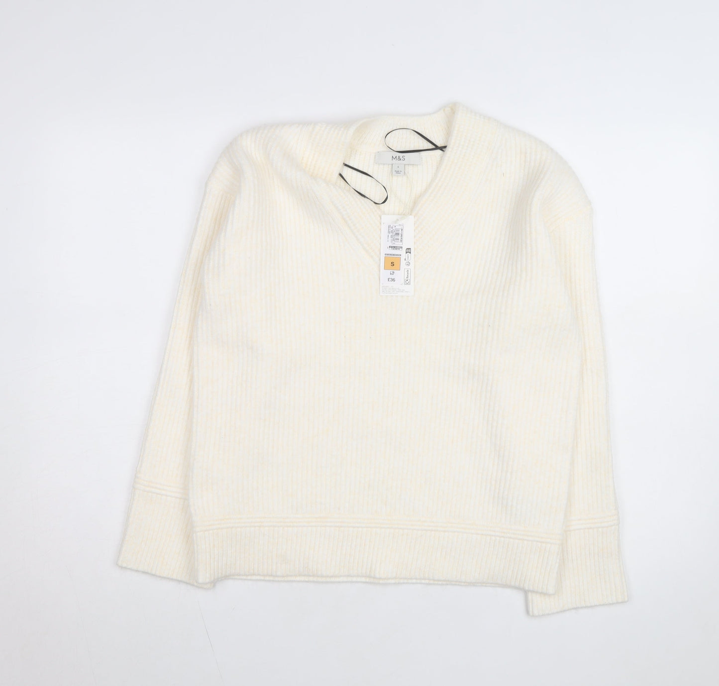 Marks and Spencer Women Ivory V-Neck Knit Pullover Jumper Size S