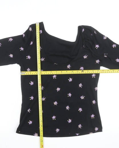 Nobody’s Child Women’s Black Floral Long Sleeve Cotton Top Size 10