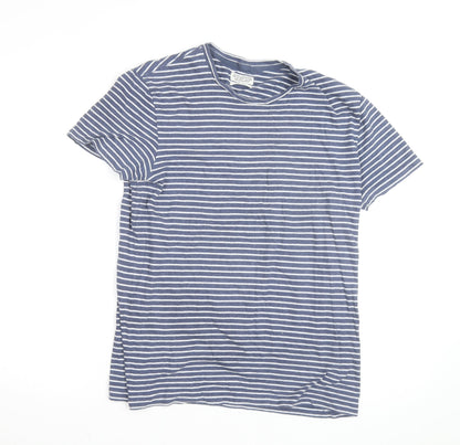 AllSaints Men's Blue Striped Cotton Crew Neck T-Shirt Size S