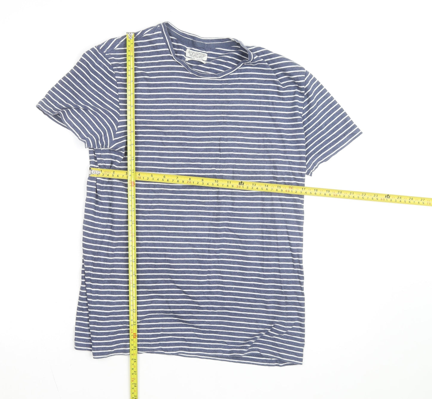 AllSaints Men's Blue Striped Cotton Crew Neck T-Shirt Size S