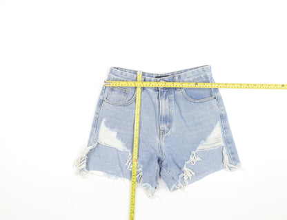 MOMOKROM Women's Blue Size 10 High Waist Distressed Denim Cut-Off Shorts