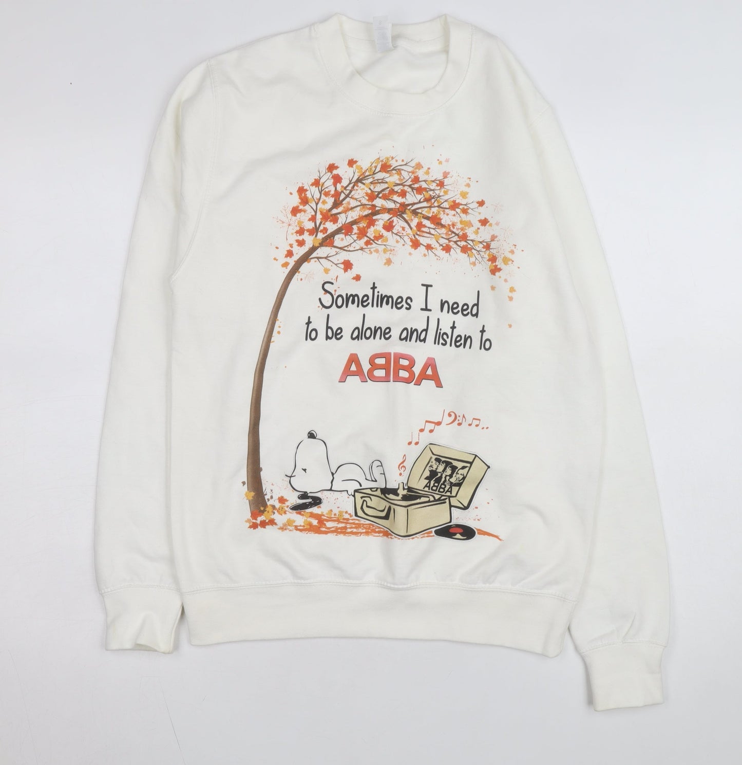 Just Hoods Women White Small Pullover Sweatshirt Snoopy ABBA Print