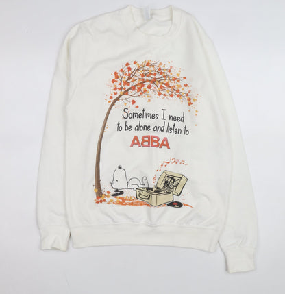 Just Hoods Women White Small Pullover Sweatshirt Snoopy ABBA Print