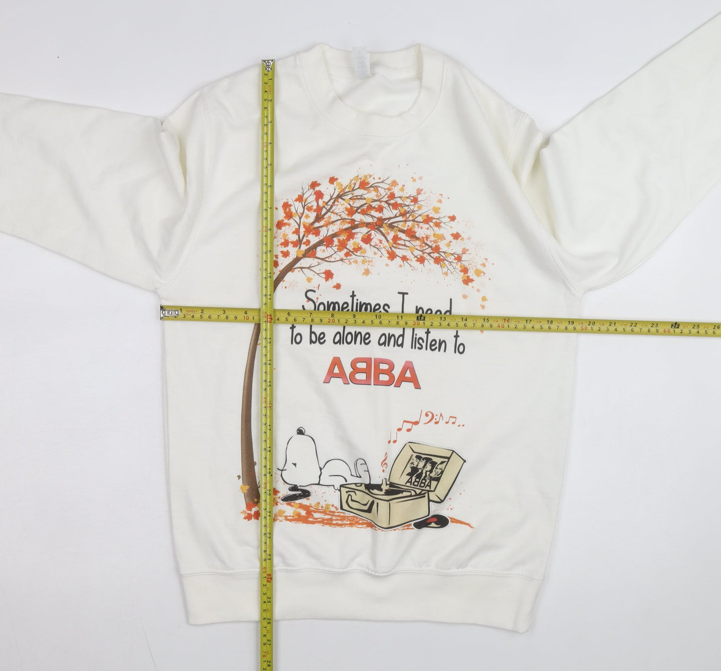 Just Hoods Women White Small Pullover Sweatshirt Snoopy ABBA Print