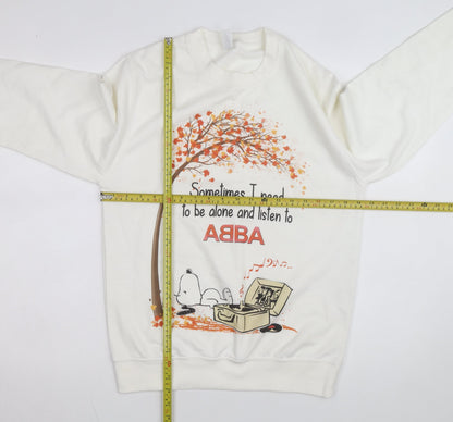 Just Hoods Women White Small Pullover Sweatshirt Snoopy ABBA Print