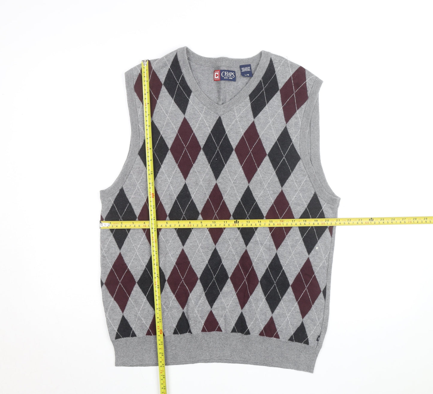 Chaps Men's Grey Argyle Cotton Knit Sleeveless V-Neck Vest L