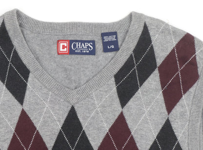 Chaps Men's Grey Argyle Cotton Knit Sleeveless V-Neck Vest L