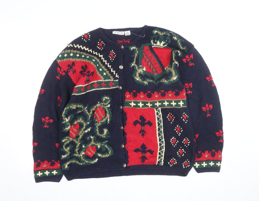 Additional front view of Talbots unisex multicoloured knit cardigan m retro winter jumper
