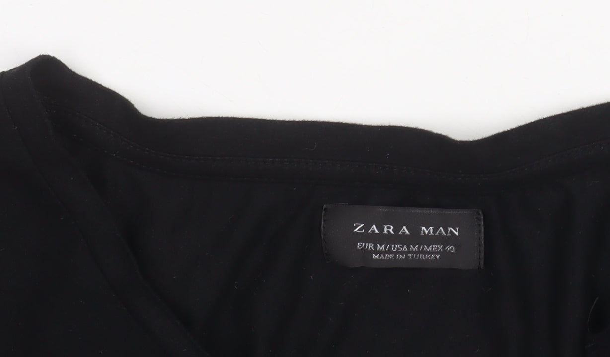 Zara Man Black 3/4 Sleeve Cotton Crew Neck Men's T-Shirt M
